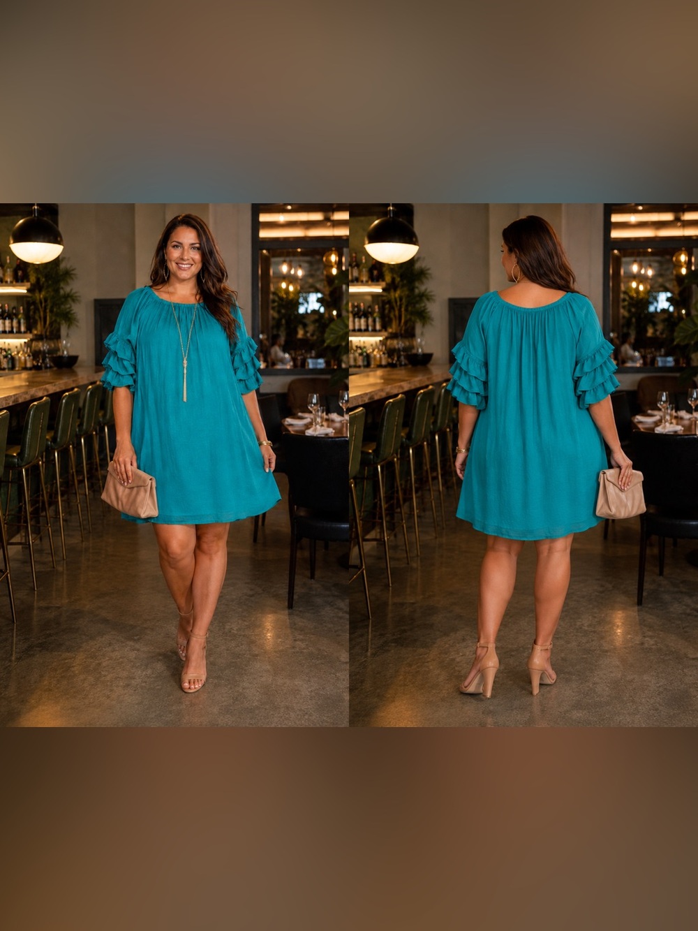 Flowy Teal Mini Dress with Ruffle Sleeves - Picture 4 of 13